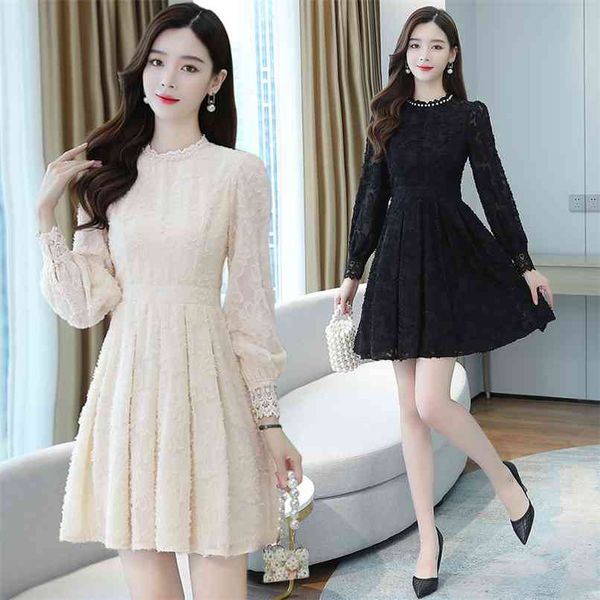 

korean vintage 3xl plus size long sleeve dress autumn winter black mini women elegant bodycon party lace vestido 210528, Black;gray