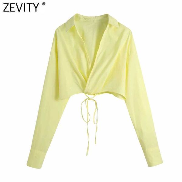 Zevity Frauen Mode Kreuz V-ausschnitt Saum Schleife Gebunden Kurze Kittel Bluse Weibliche Langarm Kimono Shirts Chic Crop Blusas tops LS90081 210603