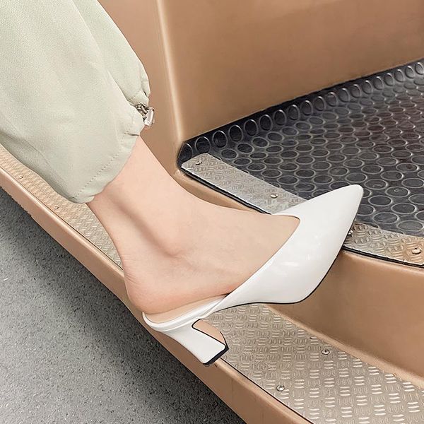 

shoes big size pointed toe low ladies' slippers slipers women square heel heeled mules cover 2021 block high basic rome pu, Black
