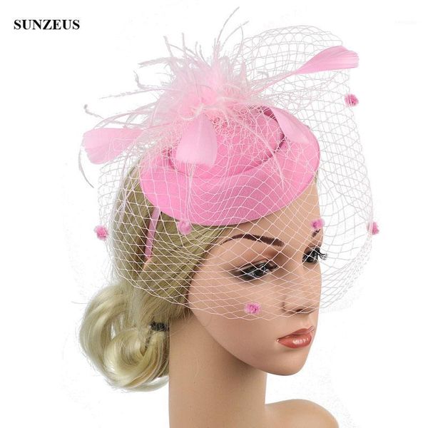 

pink bridal wedding hat with face veil beautiful feathers party hats headband chapeaux de mariage pour les femmes sqn0401