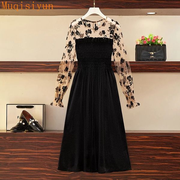 

dresses for women spring floral mesh long sleeves patchwork ealstic bust pleuche high waist dress female party 210428, White