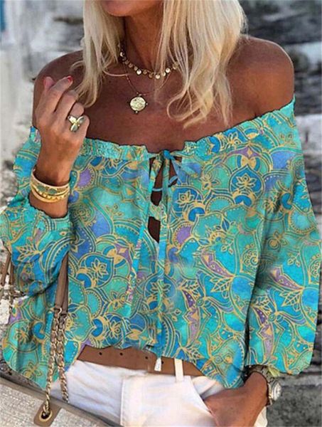

women's blouses & shirts 2021 elegant casual summer woman shirt print long sleeve slash neck lace-up loose holiday fashion lady blusas, White