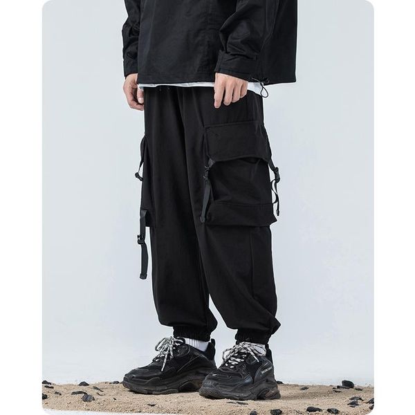 

men's pants spring autumn tooling full length cargo multi pocket safari style clothes harajuku hiphop ribbon jogger oversized, Black