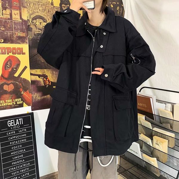 

men's jackets autumn ins hong kong style retro tooling jacket male korean version of loose youth trend casual wild coat v6dr, Black;brown