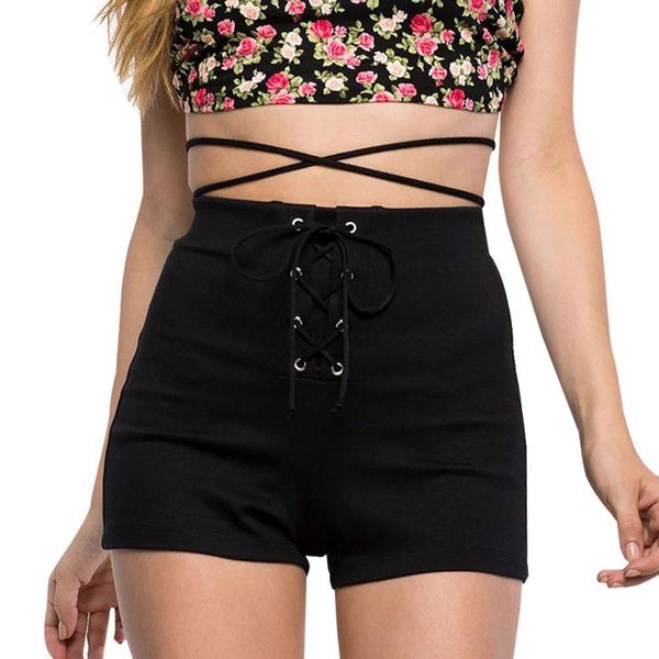 

fashion lace up autumn women short summer solid black style cross bandage high waist casual, White;black