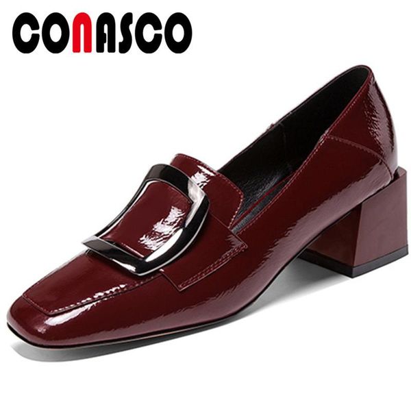 

dress shoes conasco 2021 arrival women pumps genuine leather spring casual office metal decoration square toe thick heeled woman, Black