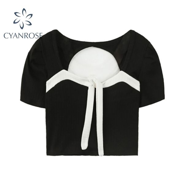 

women's tees square collar patchwork bandage short sleeve summer streetwear hollow out skinny causal female crop 210515, White
