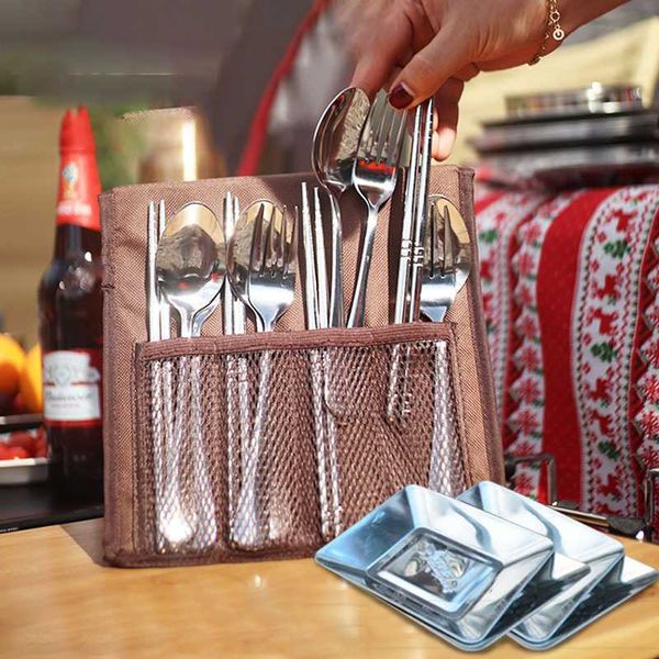 

dinnerware sets 16pcs/set stainless steel tableware camping fork spoon plate chopsticks outdoor cutlery set for travel backpacking kitchen
