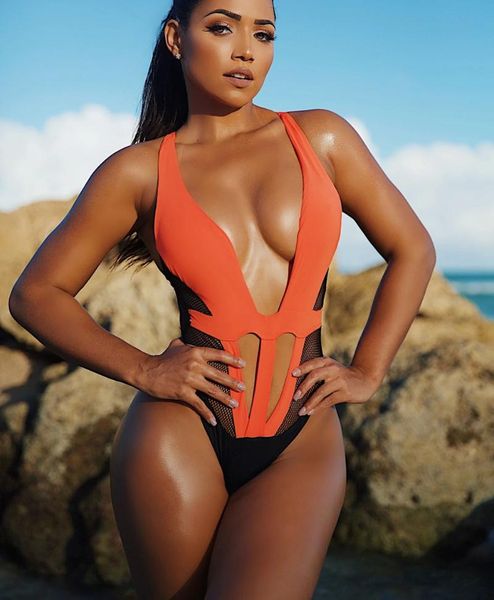 

one-piece suits orange and black mesh cut out swimsuit open back lace up padded women monokini 2021 beach bathing swimwear