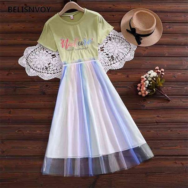

japanese summer women rainbow mesh tulle dress embroidery cotton two piece suit short sleeve elegant girl's 210520, Black;gray