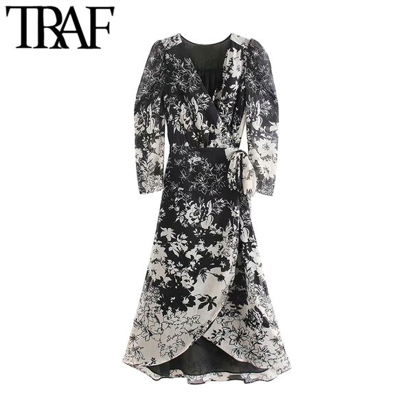 

traf women elegant fashion floral print wrap maxi dress vintage long sleeve bow tie sashes female dresses vestidos 210415, Black;gray