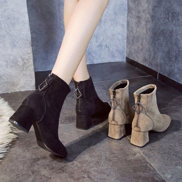 Стремящиеся носки сапоги ботинки скольжения лодыжки зима элегантные Zip Square High каблуки для женщин Q3OB #