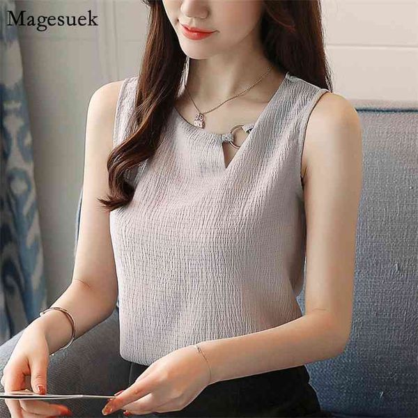 

fashion summer chiffon blouse women sleeveless office ladies blouses blusas casual plus size solid shirt female 0266 210512, White