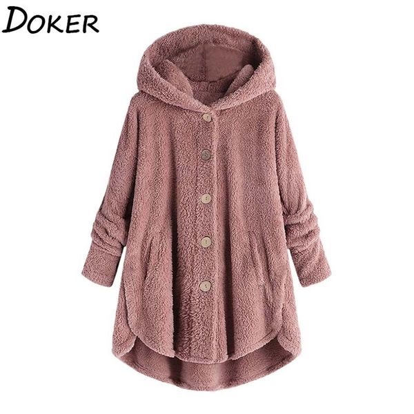 

faux fur coat women autumn winter warm soft hooded jacket female plush overcoat pocket casual oversized teddy outwear 210604, Black