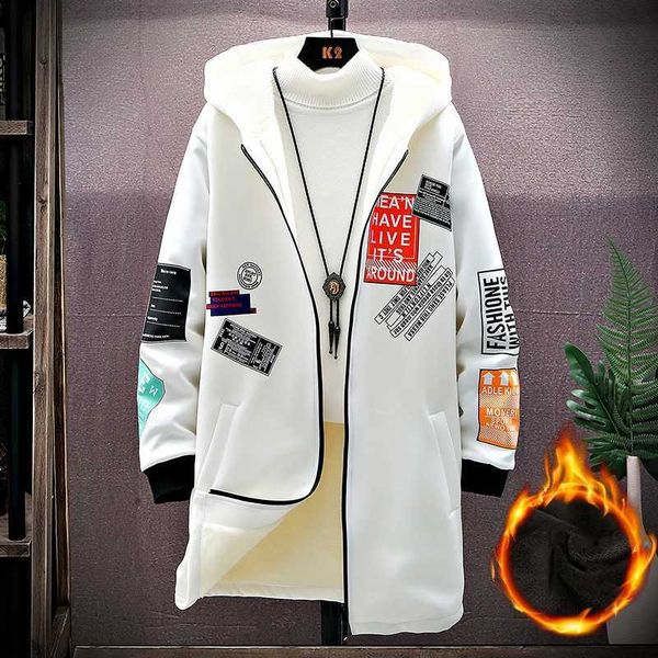 Fleece Winterjacke Männer Druck Japanische Kapuze Lange Trenchcoat Schwarz Hip Hop Streetwear Dicke Herrenjacken 211011