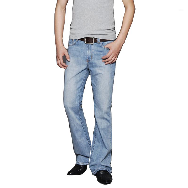 

men's boot cut jeans pants stylish slightly flared slim fit blue light classic designer casual wear denim stretch trousers, Black