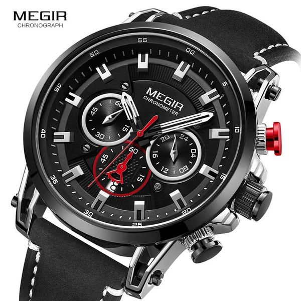 

wristwatches megir men's 24 hours quartz watches leather strap chronograph 3atm waterproof army wristwatch man relogios masculino 2085, Slivery;brown