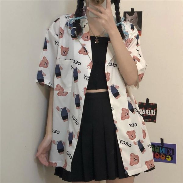 

women's blouses & shirts summer college style wild cute cartoon bear print suit collar short sleeve shirt fashion blouse female, White