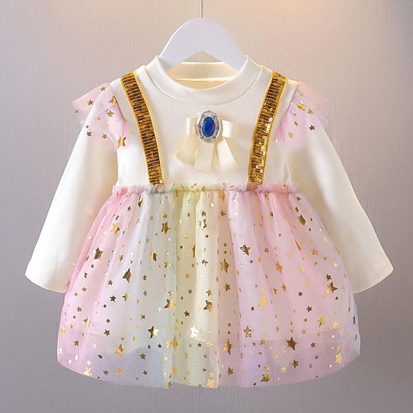 

girl's dresses cute baby girl dress spring autumn long sleeve ruffle mesh yarn patchwork party princess toddler clothes for 0-24m, Red;yellow