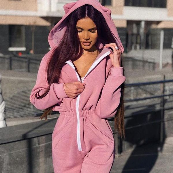 

women's jumpsuits & rompers women autumn winter hooded sweatshirt loose long sleeve zipper overalls solid playsuit, Black;white