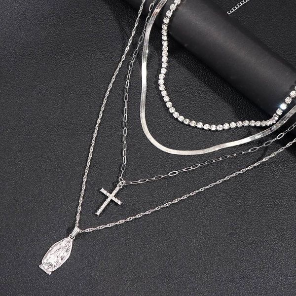 

chains flatfoosie multi-layered coin portrait cross pendant necklace for women silver color crystal tennis chain boho jewelry