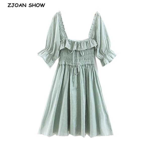 

women french style 3d dot spliced ruffle square collar mini swing dress adjust bandage waist backless half sleeve dresses 210429, Black;gray