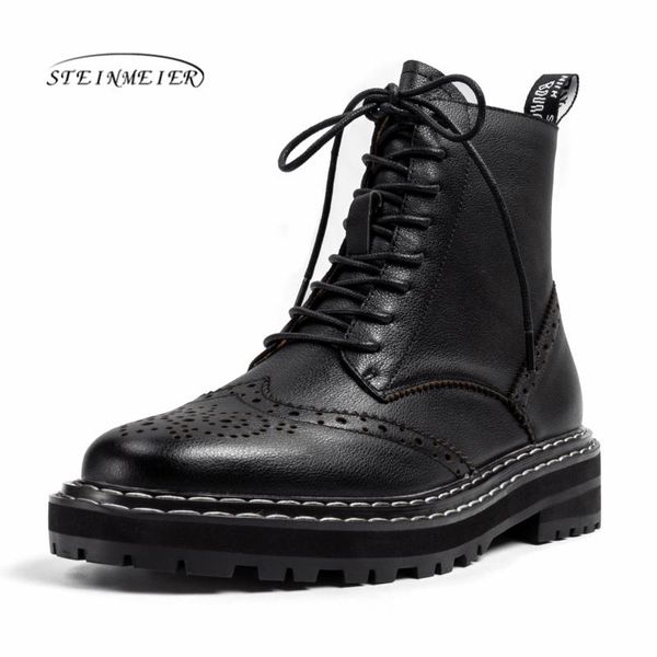 

boots 2021 autumn winter quality genuine leather punk short lace up thick heels women ankle party shoes woman steinmeier, Black