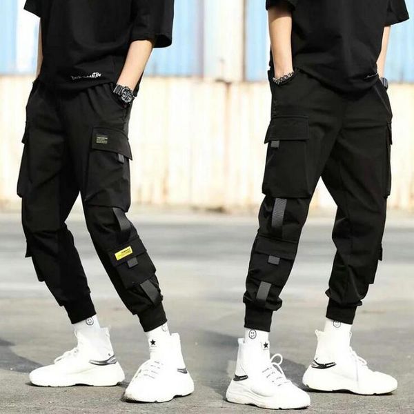 

autumn harem pants hip hop joggers men multi-pocket ribbons sweatpants streetwear casual loose male men's, Black