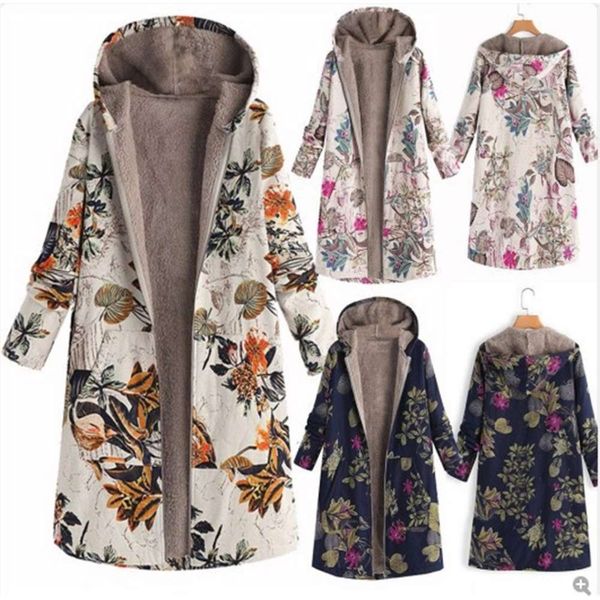 

winter women's leaf print hooded long sleeve extended coat, Black;brown