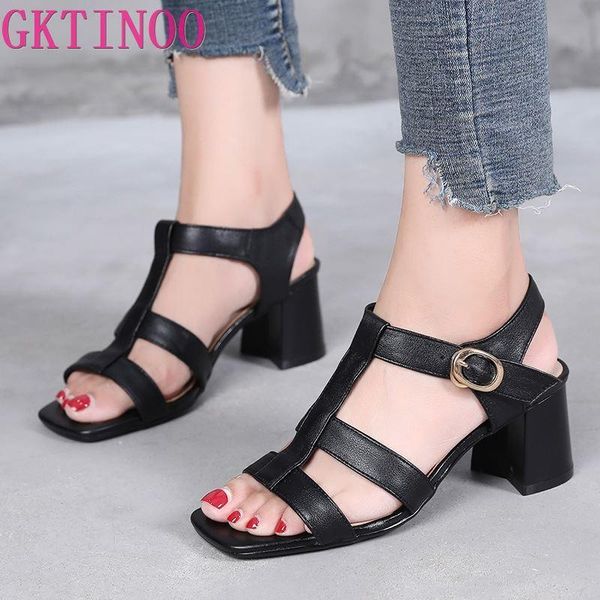 

sandals gktinoo 2021 women shoes real leather buckle strap beach high heels ladies footwear fashion summer size 40, Black