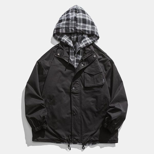 

men's hoodies & sweatshirts luclesam men korean fashion splicing color contrast mens street loose hooded jacket chaquetas de los hombre, Black