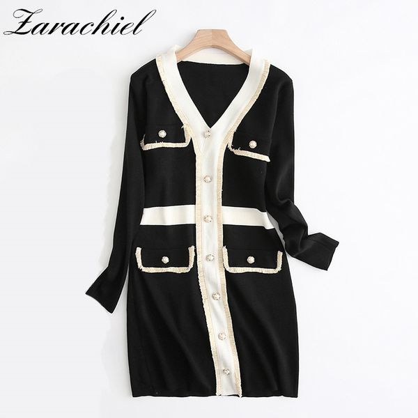 

dresses autumn trend women's long sleeve v-neck button tassel decoration patchwork elegant pencil stretch short knitted, Black;gray