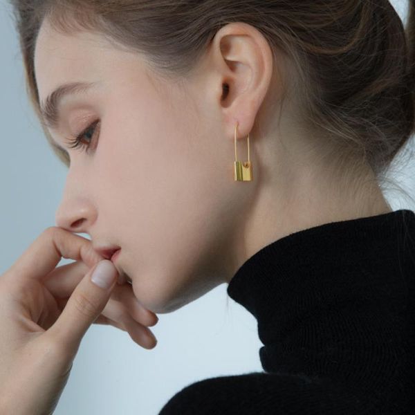 

hoop & huggie unique design geometric earrings for women minimalist lock square gold color metal fashion simple jewelry gift, Golden;silver