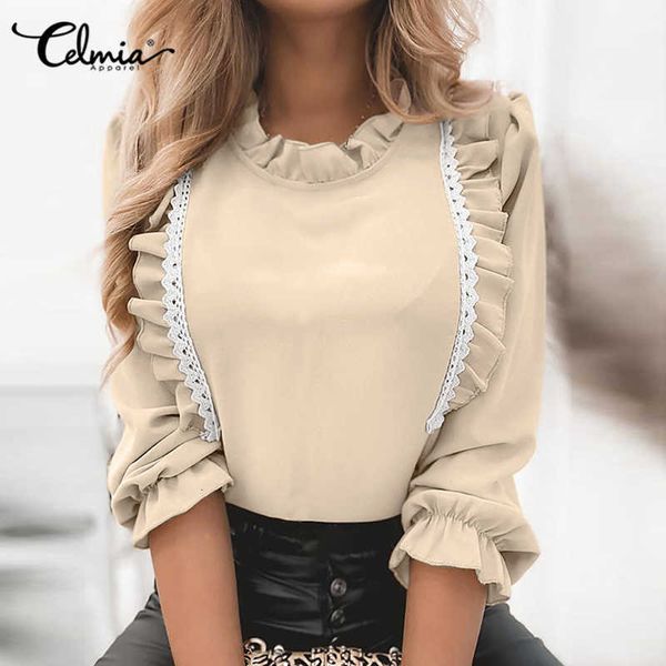 

women's blouses & shirts blouses women elegant lace ruffled celmia fashion office long sleeve solid tunic casual patchwork blusas plus, White