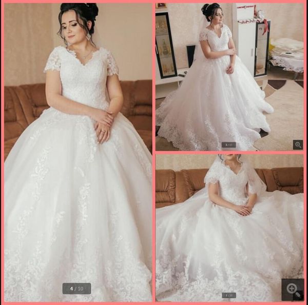 

robe de mariage lace tullle ball gown princess modest wedding dresses with appliques cap sleeves v neck muslim women bride dress dubai arabi, White