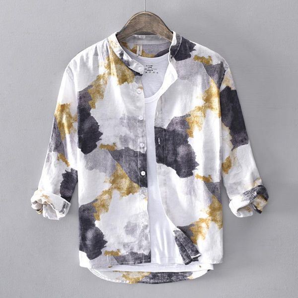 

men's casual shirts chinese style retro three quarter sleeve linen shirt vintage printed beach cool fabric breathable clothes ylpf, White;black