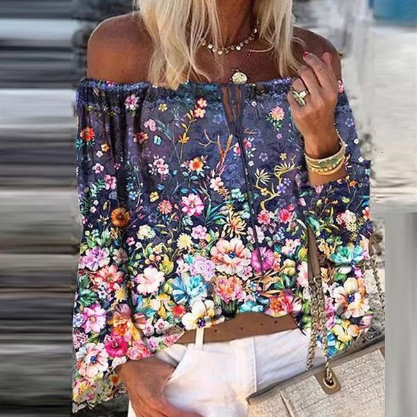 

chic off shoulder boho blouse shirts summer butterfly print women spring elegant flare sleeve shirt blusas, White