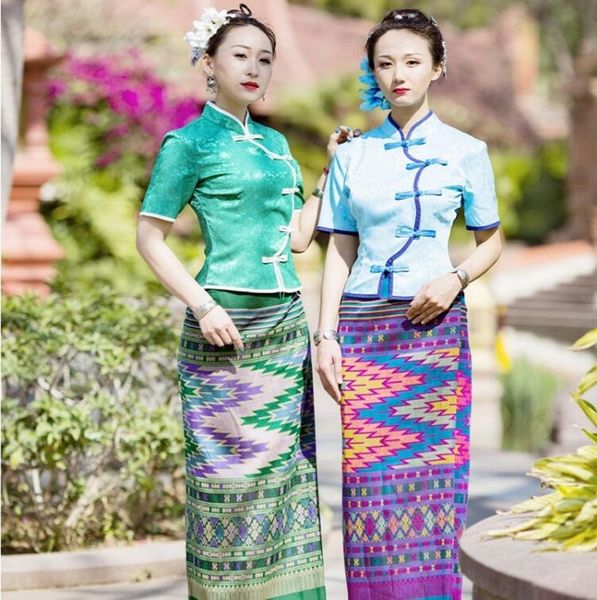 

dai princess thai restaurant work dress women's suit festival holidays cheongsam summer stand collar short sleeve jacket + skirt, Red