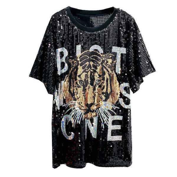 

perhaps u women black gold silver o neck short sleeve sequined tiger letter loose tee women shirt summer b0701 210529, White