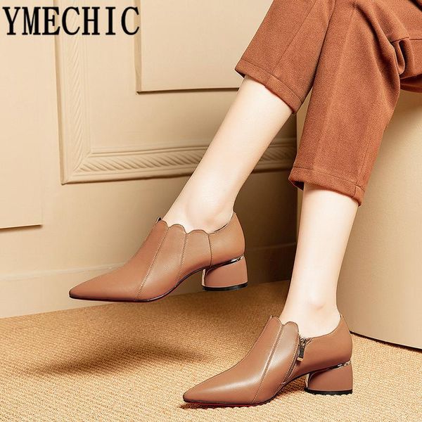 

dress shoes ymechic genuine leather women high heel black brown ruffles sewing chunky pointed toe pumps big size