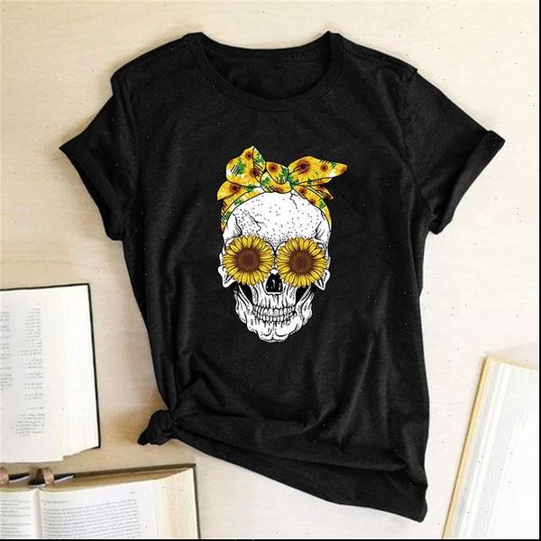 

womens t shirt punk funny skull women casual short sleeve sunflower harajuku graphic tees 70s 80s cool style, White