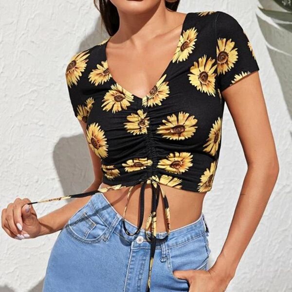 

crop women t-shirt streetwear flower print short sleeves drawstring ruched summer for 2021 female women's, White