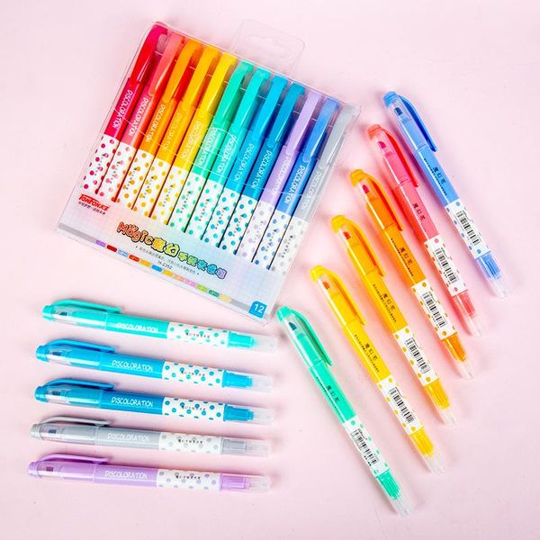 

highlighters double-headed color-changing highlighter pen 12 student school supplies in 6 colors hand-book, Black;red