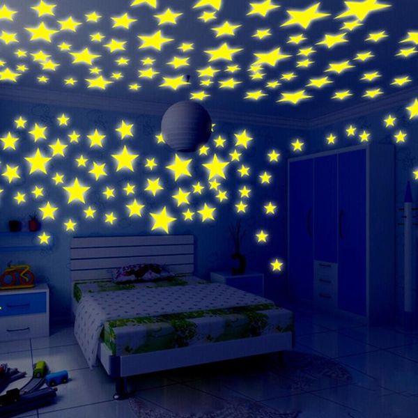 

100pc kids bedroom fluorescent glow in the dark luminous stars wall stickers for room living decal adesivos #40