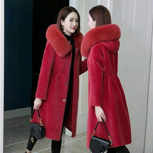 

women's fur & faux women winter 2021 plus size casual thick warm real wool overcoats female hooded sheep shearing medium outwears z79, Black