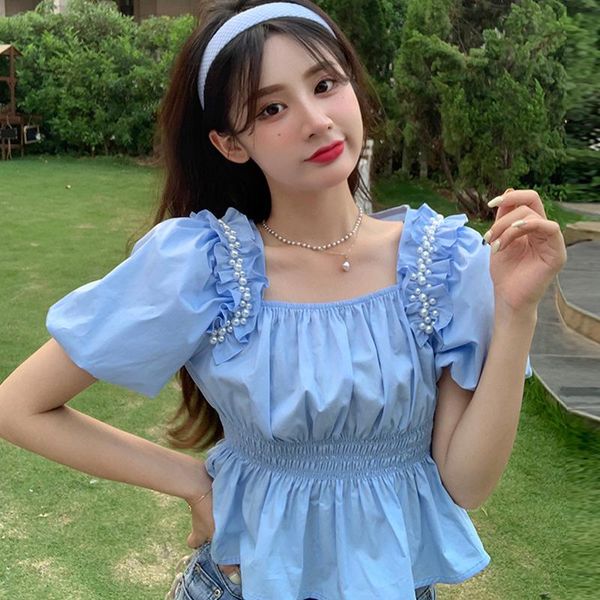 

women's blouses & shirts 2021 square collar puff short sleeve pullover blouse women slim waist ruffles patchwork draped blusas summer s, White