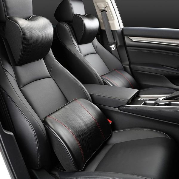 

seat cushions genuine leather car neck pillow set memory foam auto rear back headrest lumbar supports travel cushion cover accessories
