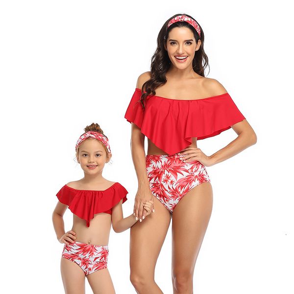 Zweiteiliger Volant-Eltern-Kind-Badeanzug mit hoher Taille, Mutter-Tochter-Badeanzug für Mädchen, Familie passende Kleidung, Kinder-Bikini