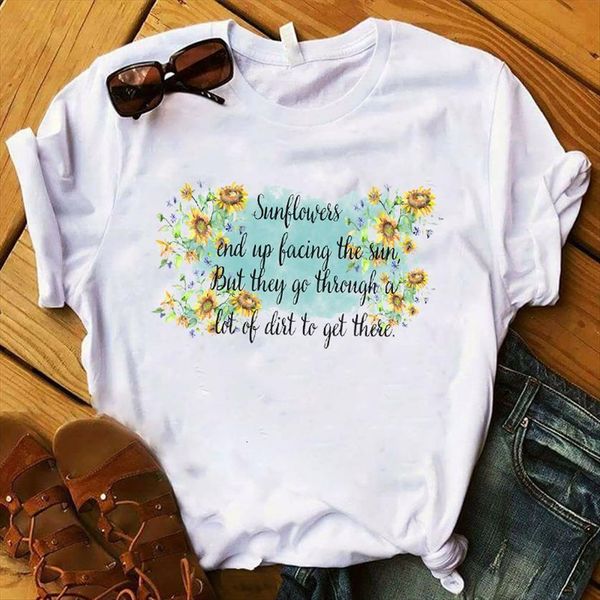 

sunflower letters print short sleeve women loose tee clothes graphic, White