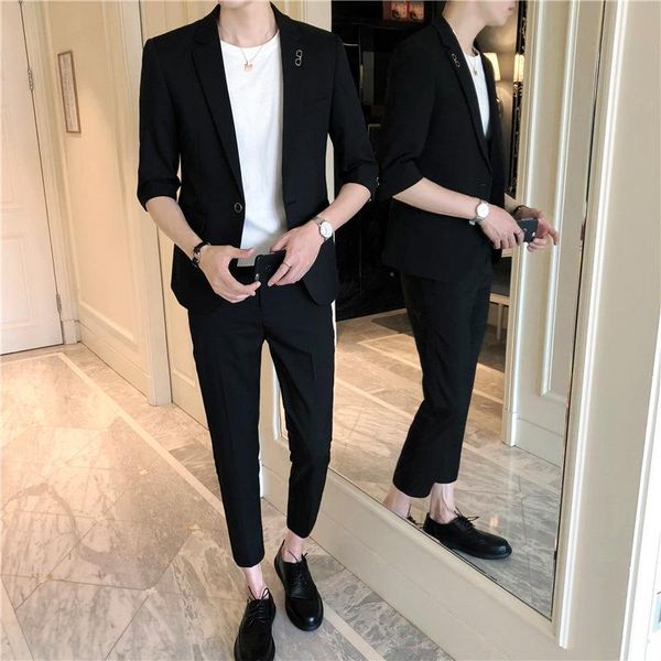 

(jacket + pants) 2021 spring and autumn men's suits casual half-sleeved solid color nine-point pants slim two-piece suit & blazers, White;black